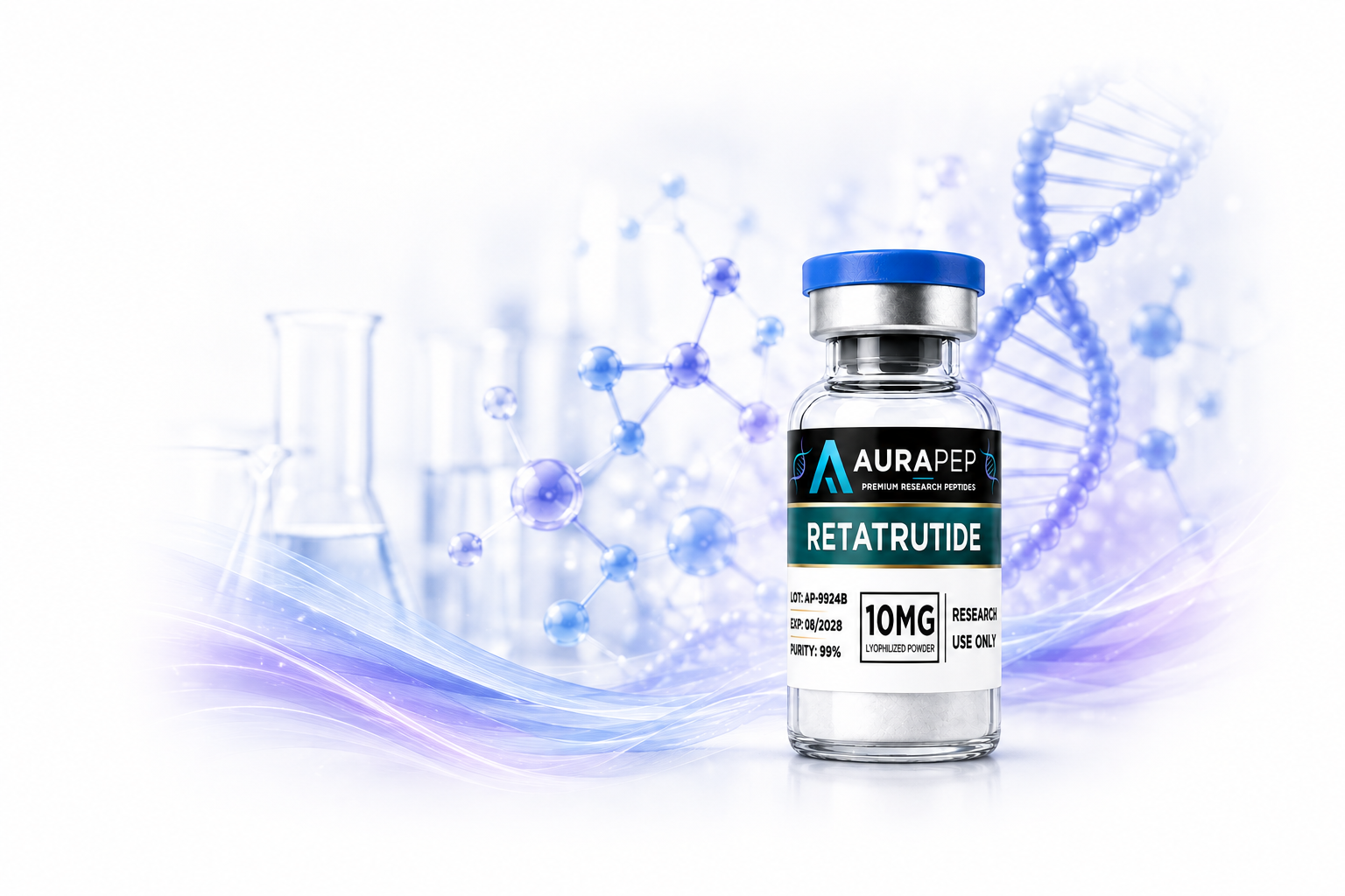 AURAPEP Retatrutide research vial and scientific artwork